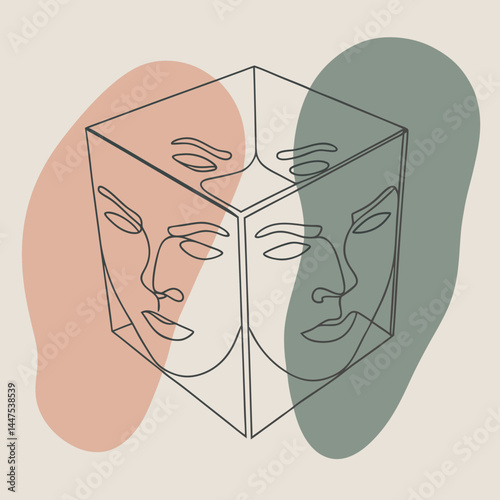 Abstract rendering of faces contained inside a linear cube form with a modern, artistic aesthetic.