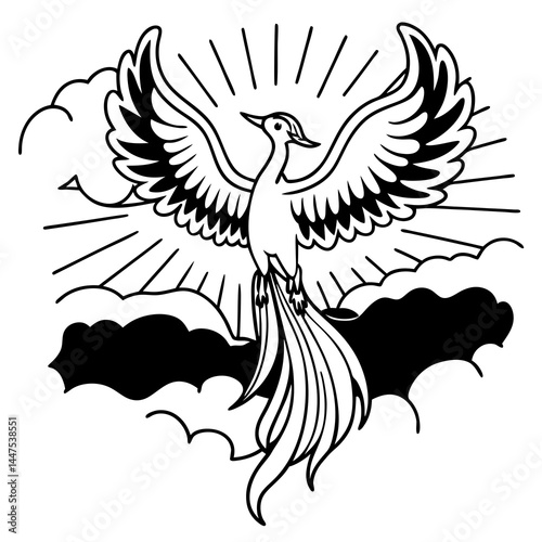 Stylized depiction of a bird with sun rays emanating from behind, wings outspread above clouds.