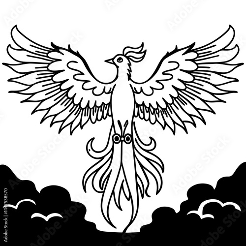 Stylized illustration of a phoenix rising above dark clouds, wings spread wide in black and white.