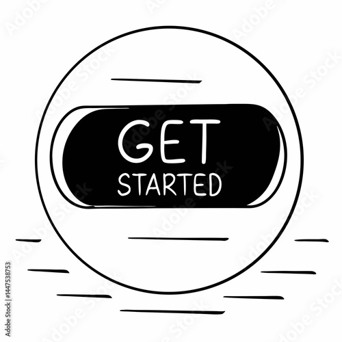 A circular illustration with a black banner stating "GET STARTED," encouraging action or initiation.