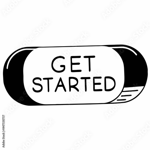A black and white graphic element showing a button with the encouraging text "Get Started".