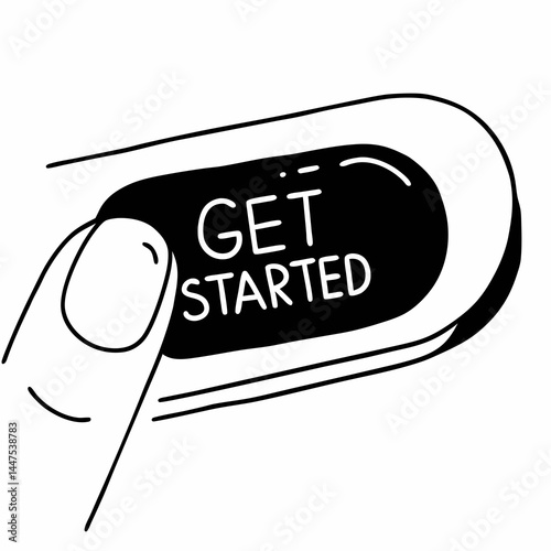 A stylized hand presses a black button with the encouraging message 'Get Started' displayed on it.