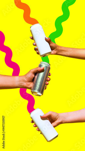 Three hands holding silver and white cans against bright, wavy colored lines on bright yellow background in surreal layout. Concept of drinks, pop art, poster, ads. Contemporary art collage.