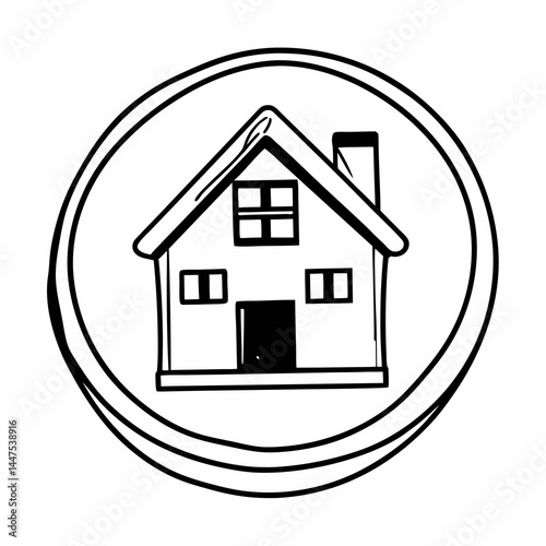 Line art illustration of a house with a chimney and windows, set inside a circular frame.