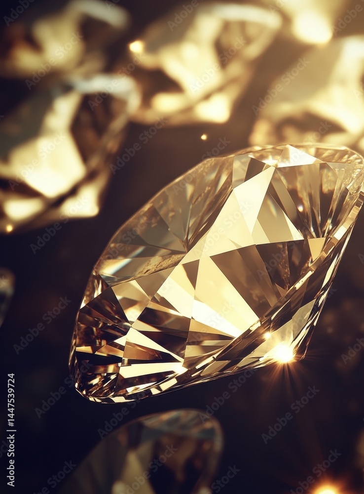 Sparkling diamonds, close-up view,  faceted cut,  golden light,  luxury,  precious stones,  jewels,  high-value gems,  brilliant facets,  clear crystals