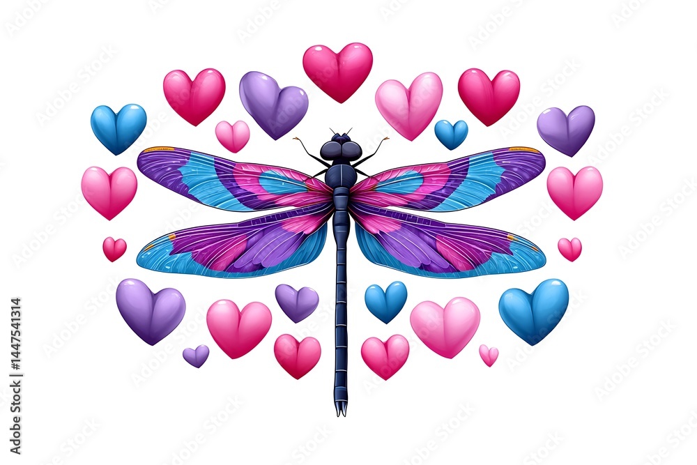 Fototapeta premium Colorful Dragonfly with Hearts Love.