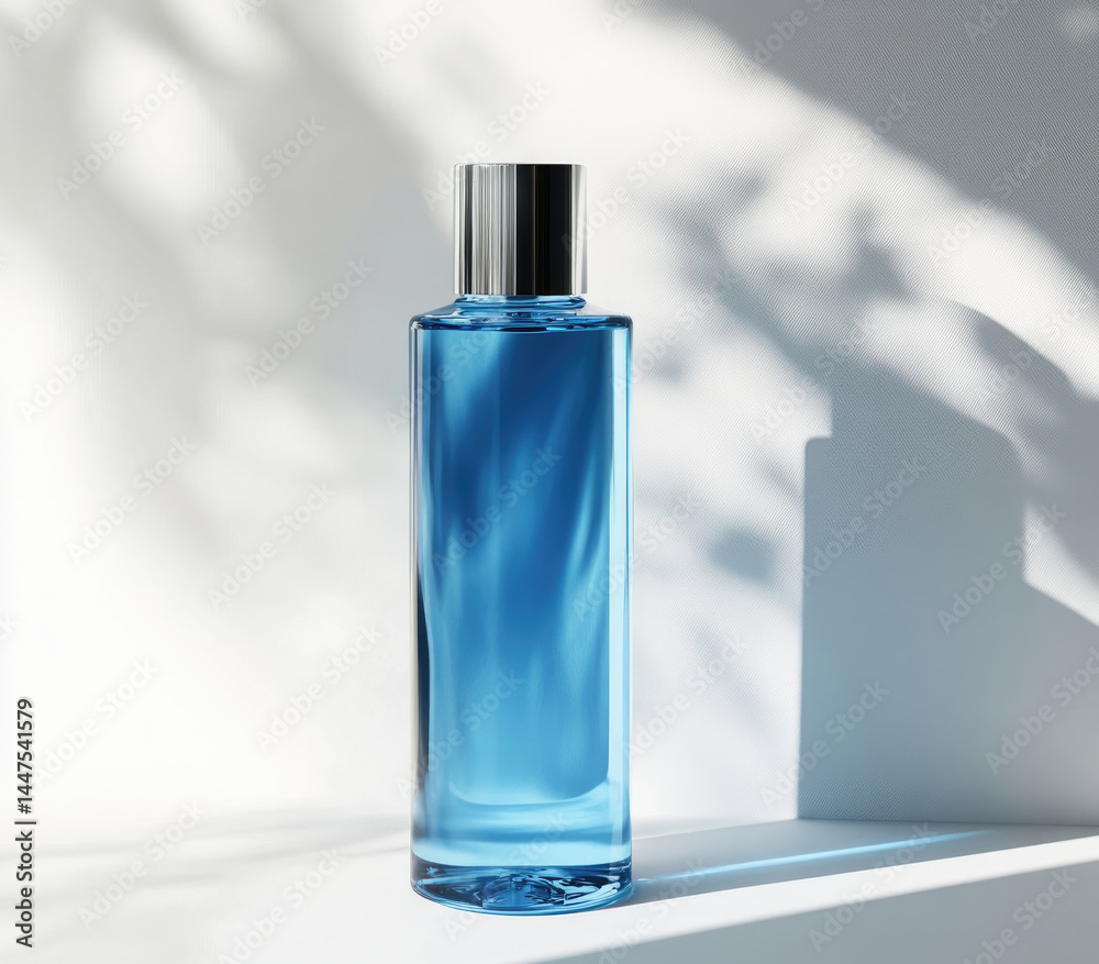 A rectangular, translucent, light-blue glass bottle with a chrome cap sits on a white surface, bathed in natural light. A rectangular, translucent, light-blue glass bottle with a chrome cap sits on a white surface, bathed in natural light.