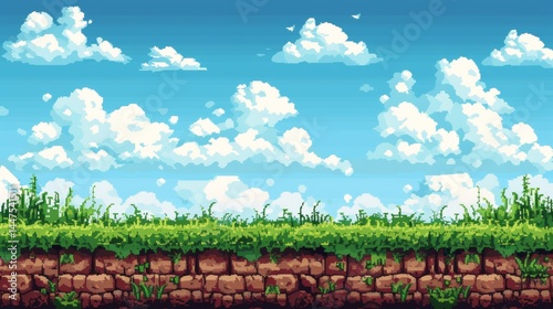 2d game level background asset featuring grass, sand, dirt, and platformer elements for level design