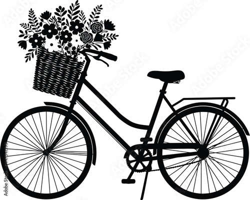 Black and White Bicycle Silhouette with Flower Basket