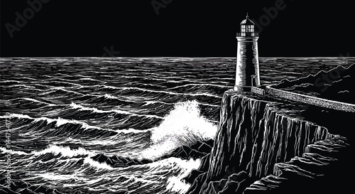 Lone Lighthouse, Rocky Coast, Dramatic Waves
