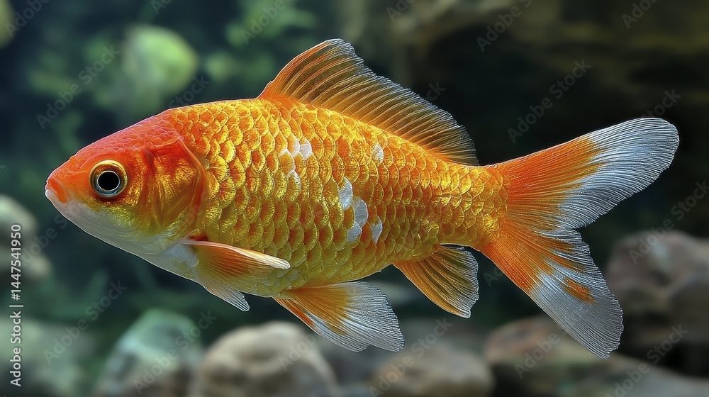 Naklejka premium A healthy, vibrant golden goldfish enjoying its aquatic environment - tail happy close water bright