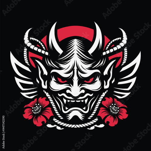 Drawing of a Horned Demon Face with Flowers and Red Circle
