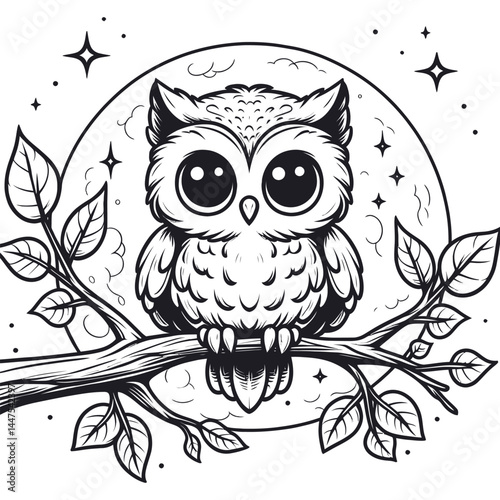 Owl on Branch Line Art with Moon and Stars