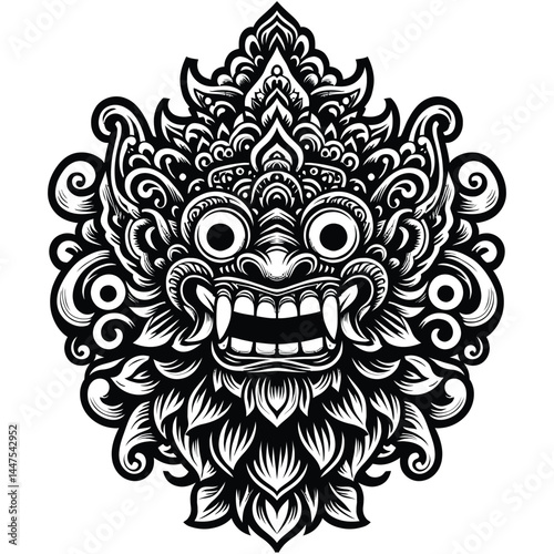 Ornamental Mask Illustration with Intricate Details in Black and White