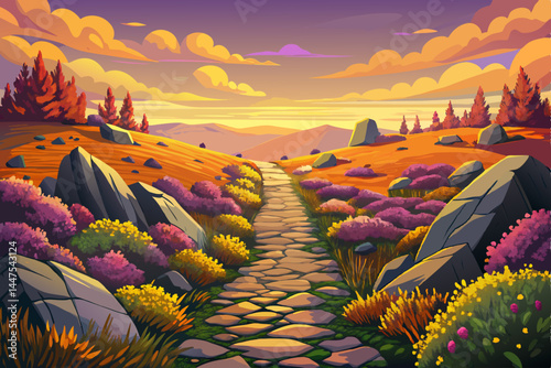 Amazing Path through blooming heather at sunrise in The Netherlands vector background