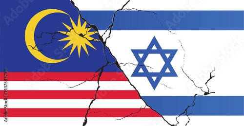 Israeli and Malaysia flags on a cracked surface, Malaysia and Israel conflict concept, crisis, war, attack.