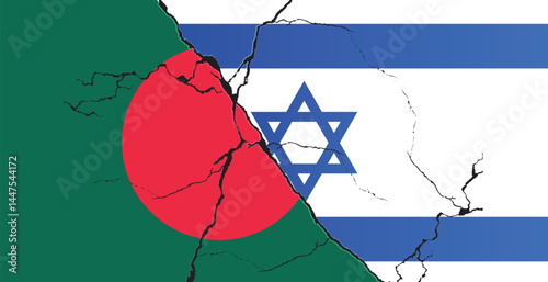 Israeli and Bangladeshi flags on a cracked surface Bangladesh and Israel conflict concept, crisis, war, attack.