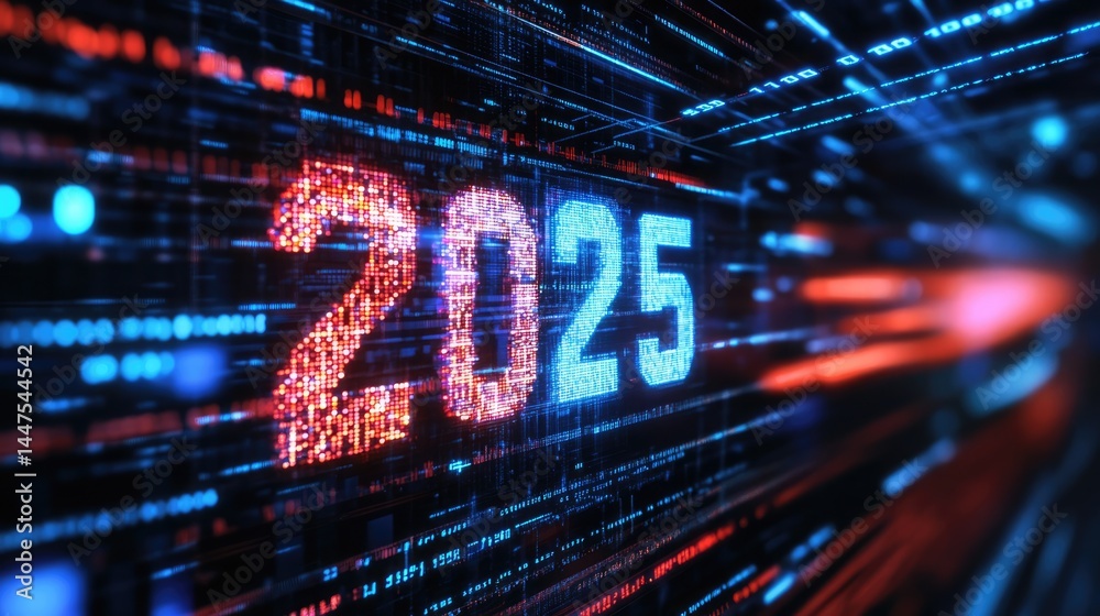 A robot arm printing 2025 on a screen with flowing binary code, symbolizing futuristic digital technology A robot arm printing 2025 on a screen with flowing binary code, symbolizing futuristic digital technology
