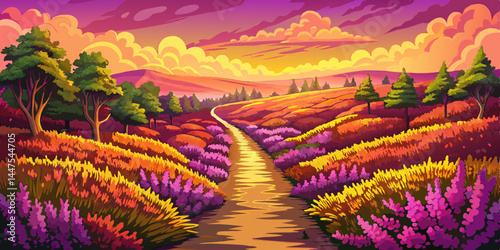 Amazing Path through blooming heather at sunrise in The Netherlands vector background