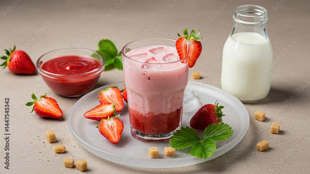 Preparing Strawberry Smoothie with Fresh Fruit and Milk Preparing Strawberry Smoothie with Fresh Fruit and Milk