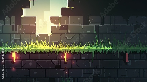 2d platformer game level background asset featuring grass, sand, dirt, and essential elements photo