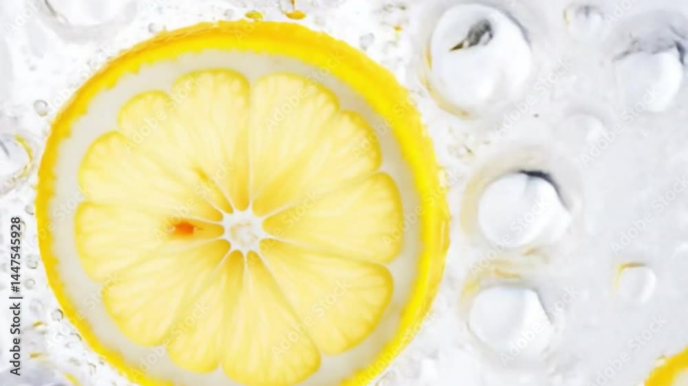 Citrus Slice in Bubbles: A vibrant lemon slice floats within a refreshing cascade of water, embraced by delicate bubbles that enhance the natural freshness and zest.
