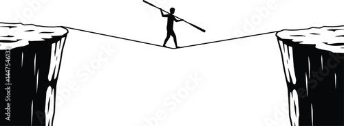 Tightrope Walker Between Cliffs - Risk and Focus