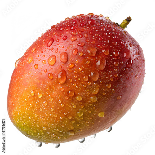 Floating mango with drops of water isolated on a transparent background
