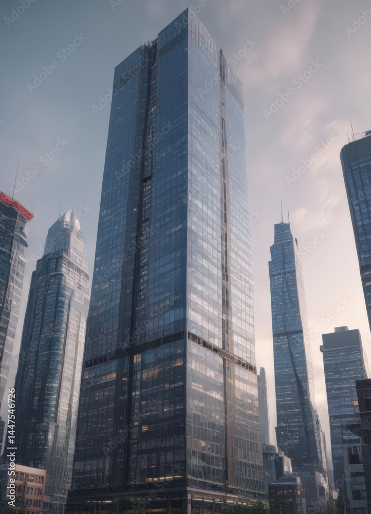 Obraz premium Sleek glass skyscraper rising, city skyline backdrop, skyscraper, building site