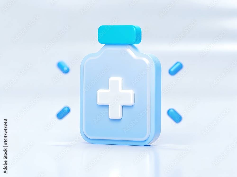 Obraz premium 3D Blue Medicine Bottle Icon with Pink Cap and Cross Symbol for Pharmacy and Healthcare Design