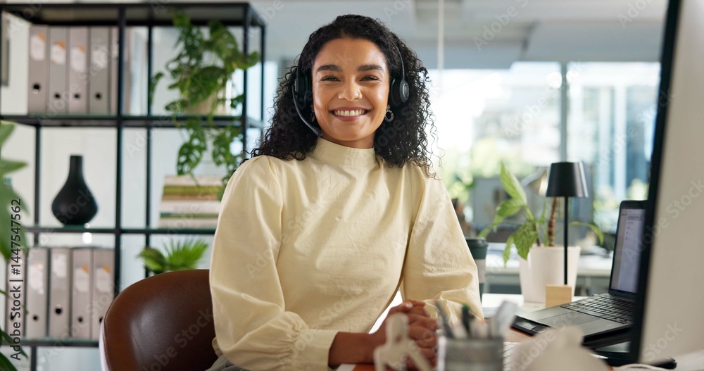 Call center, happy woman and customer service in portrait with confidence, communication and online consulting. Proud, virtual chat or smile for contact support, help desk or sales agent for business