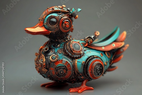 Intricate steampunk duck sculpture shows mechanical beauty with its gears, tubes, and vibrant colors