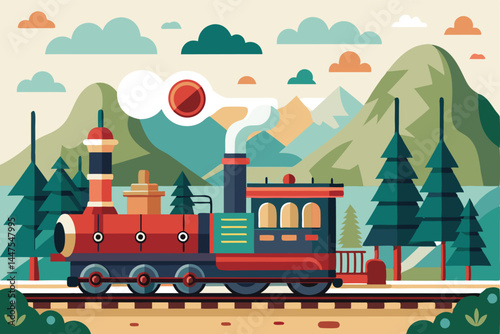 Charming vintage train glides through scenic mountain landscape.