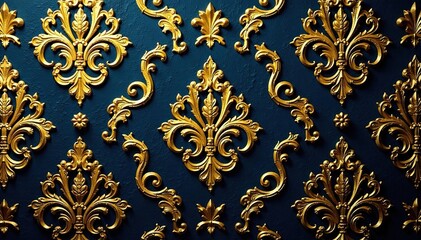 Rideaux Noir et or patrons Intricate arabesque damask wallpaper, rich gold details, sophisticated, elegant  © Raiya