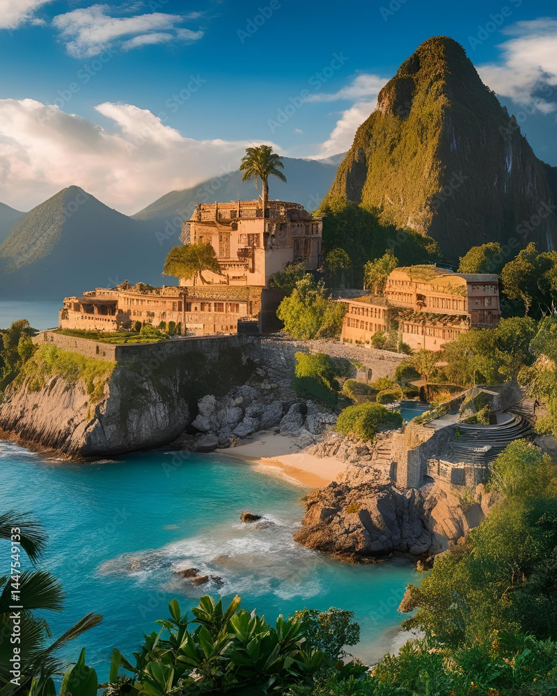 Naklejka premium tropical beach, rocky archway, natural arch, coastal landscape, ocean view, sea arch, turquoise water, white sand, exotic destination, beach scenery, tropical paradise, summer vacation, scenic view, 