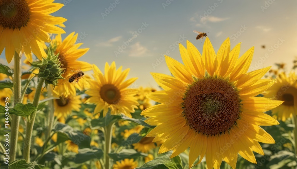 Fototapeta premium A honeybee gathers pollen on a vibrant sunflower, surrounded by a sea of golden blooms , macro, photography, rural