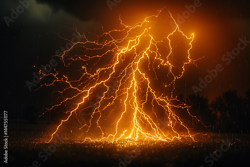 Witness the breathtaking beauty and power of a dazzling lightning bolt, with its intricate branches stretching out like celestial tendrils, illuminating the surrounding darkness with a brilliant disch photo