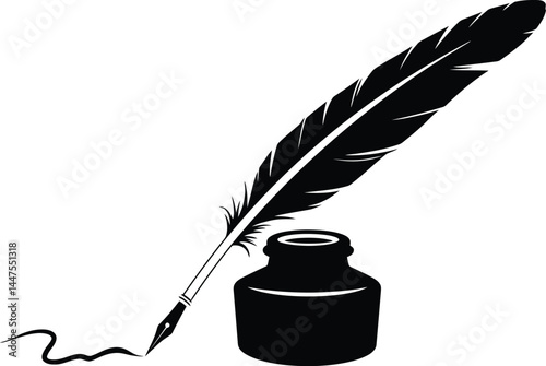 Black and White Feather Quill and Ink Pot Silhouette