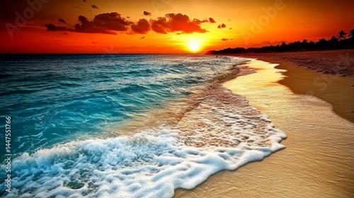 Sea ocean beach sunset sunrise landscape outdoor. Water wave with white foam. Beautiful sunset colorful sky with clouds. Natural island panoramic background. Idyllic amazing tropical island shore Pro 
