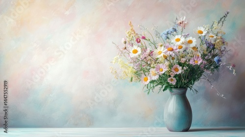 Wallpaper Mural Elegant sunflower and daisies mixed flower bouquet in a classic ceramic vase on a pastel textured background for floral decoration and home interior design Torontodigital.ca