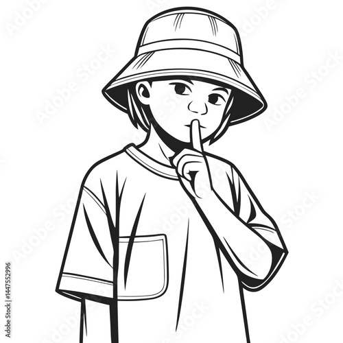 Quiet Child Wearing Bucket Hat and T-Shirt Illustration