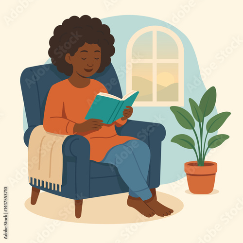 Afro Woman Reading a Book in Cozy Armchair at Home – Vector Set of Illustrations