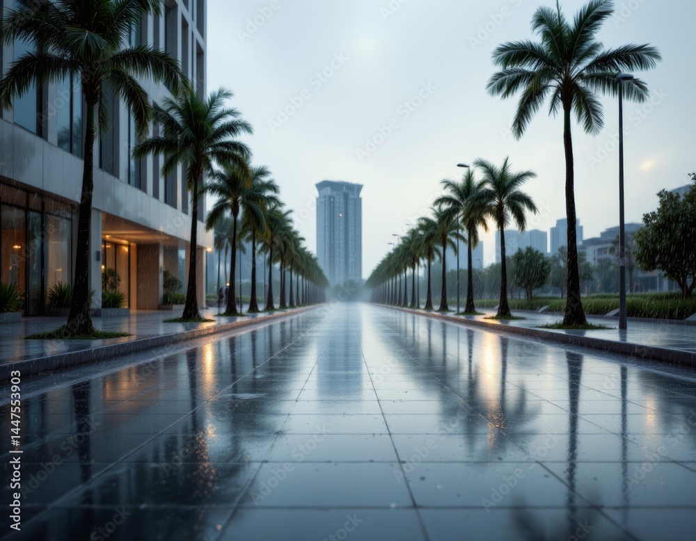 Obraz premium Urban Avenue with Palm Trees after Rain