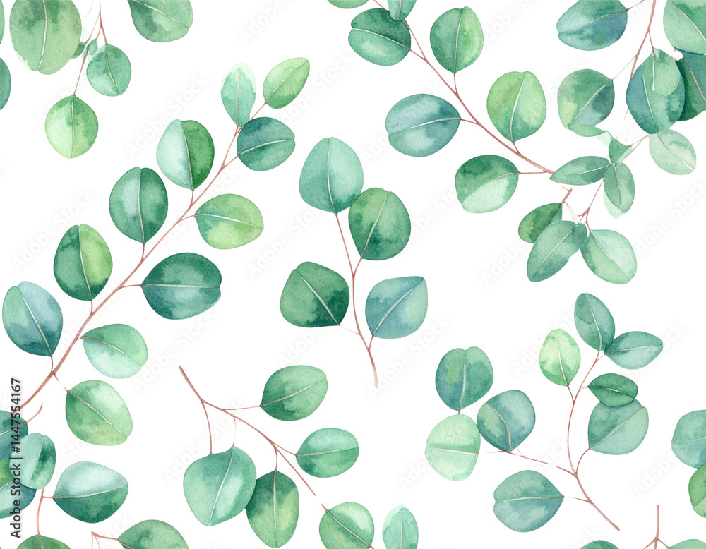 Obraz premium Watercolor eucalyptus leaves pattern with green foliage on transparency background, creating natural and calming design. delicate branches and leaves add organic touch