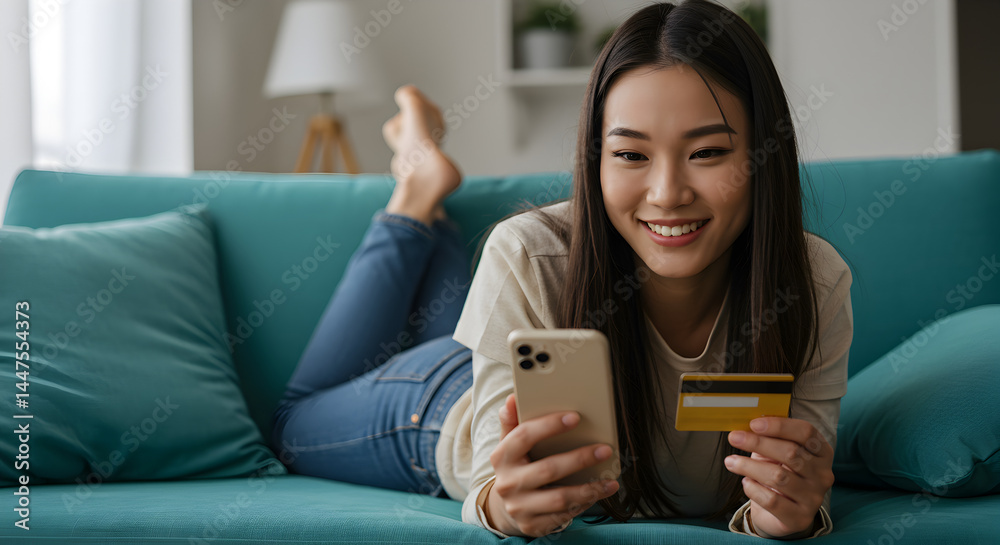 Smiling Asian Woman Lying on Teal Sofa Using Smartphone and Holding Credit Card for Online Shopping at Home Smiling Asian Woman Lying on Teal Sofa Using Smartphone and Holding Credit Card for Online Shopping at Home