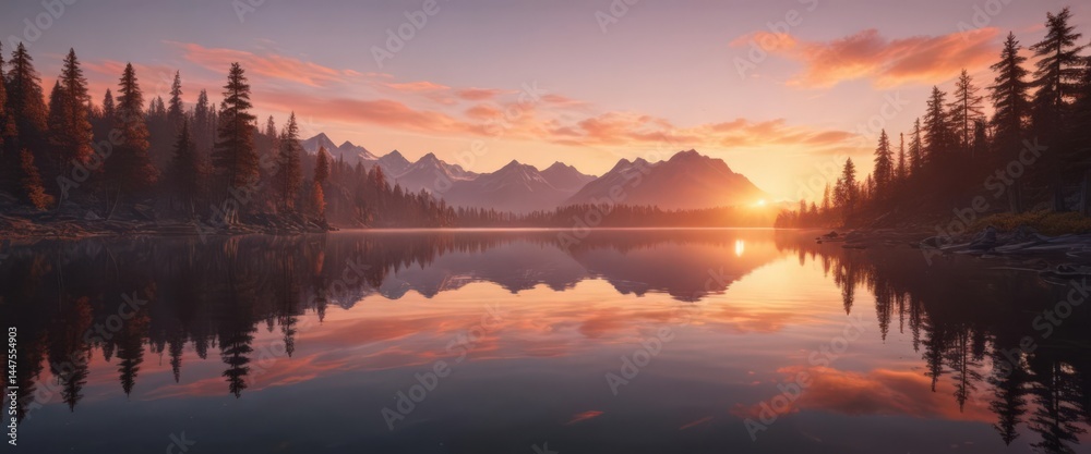 Fototapeta premium Mirror-like lake reflects a breathtaking sunset's glow , atmosphere, water