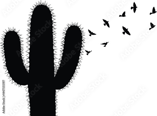 Black and White Cactus Silhouette with Birds