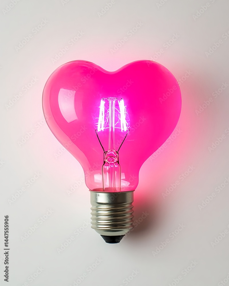 A pink glowing heart-shaped light bulb on a white background A pink glowing heart-shaped light bulb on a white background