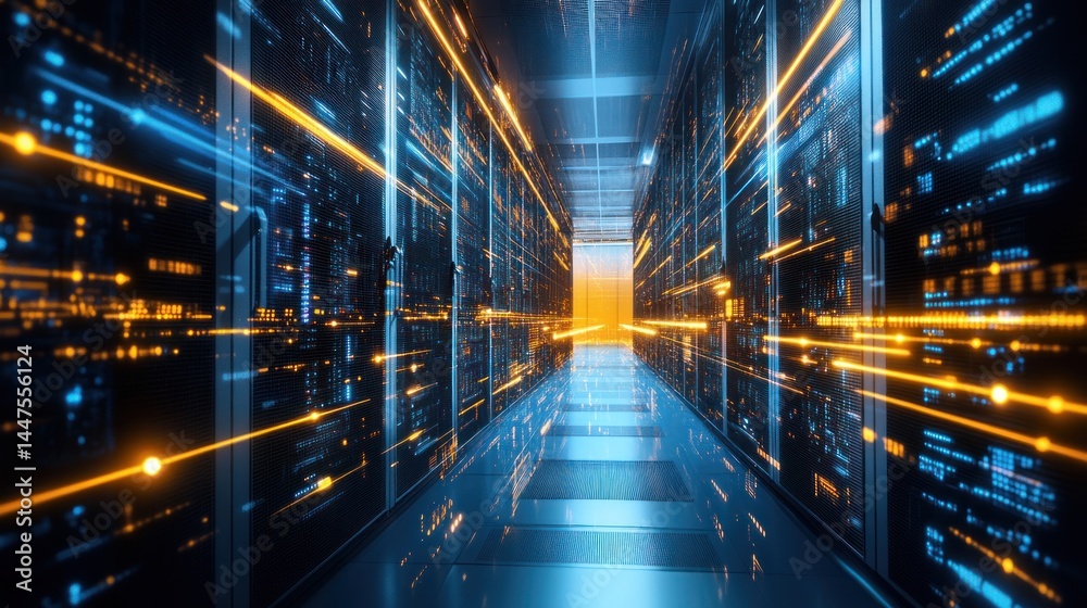 Futuristic server room with glowing data streams, showcasing advanced technology and digital connectivity. Futuristic server room with glowing data streams, showcasing advanced technology and digital connectivity.