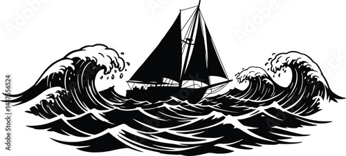 Stormy Seasail: Black and White Sailboat Silhouette